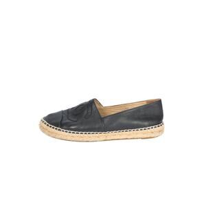CHANEL Black Lambskin Leather CC Logo Espadrilles Flats Size 38